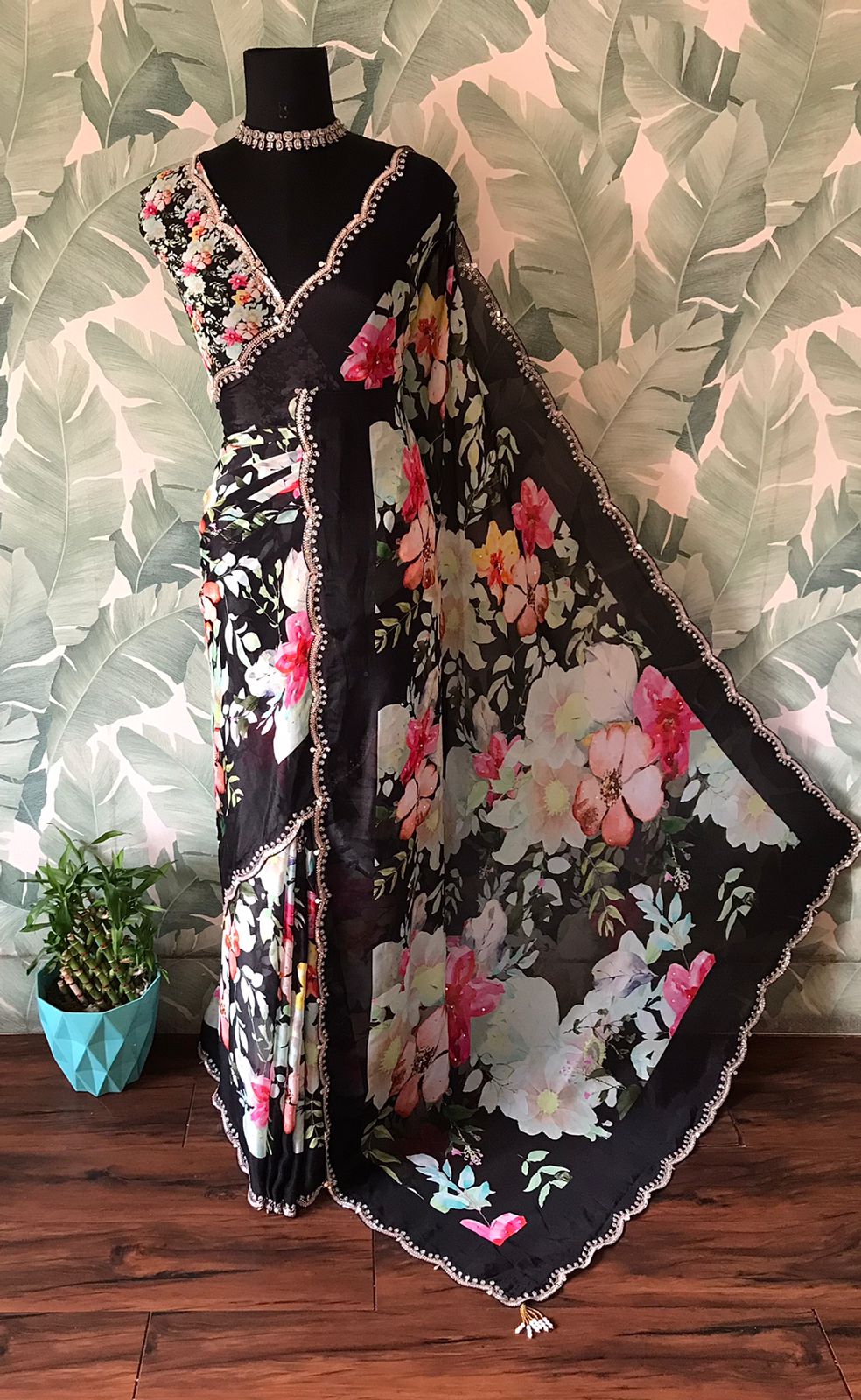 “Premium Chinnon Silk Saree with Oversized Floral Print & Pearl Cut-Dana Handwork”