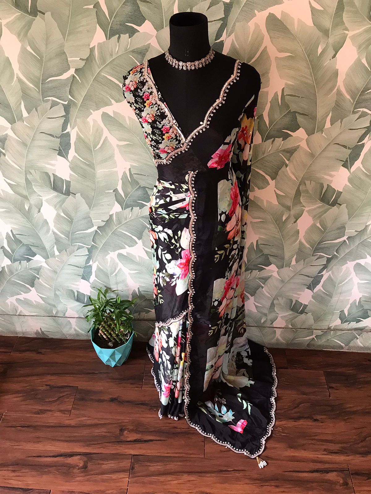 “Premium Chinnon Silk Saree with Oversized Floral Print & Pearl Cut-Dana Handwork”