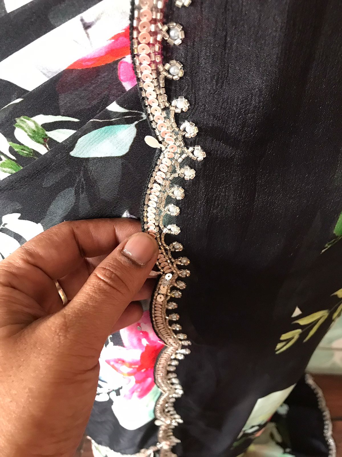 “Premium Chinnon Silk Saree with Oversized Floral Print & Pearl Cut-Dana Handwork”