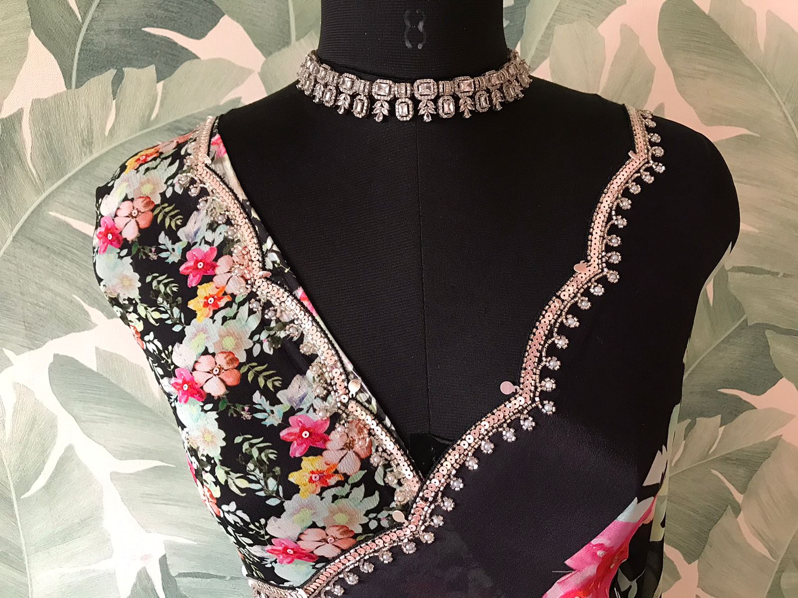 “Premium Chinnon Silk Saree with Oversized Floral Print & Pearl Cut-Dana Handwork”