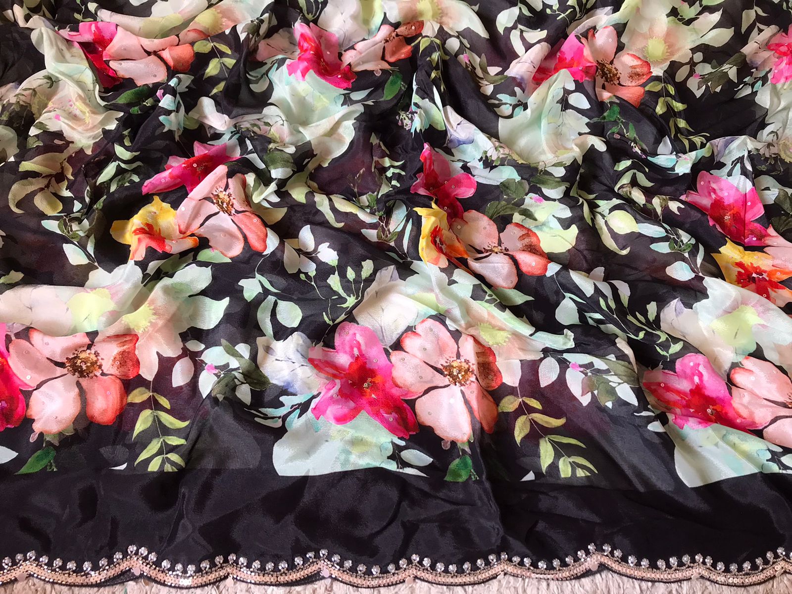 “Premium Chinnon Silk Saree with Oversized Floral Print & Pearl Cut-Dana Handwork”
