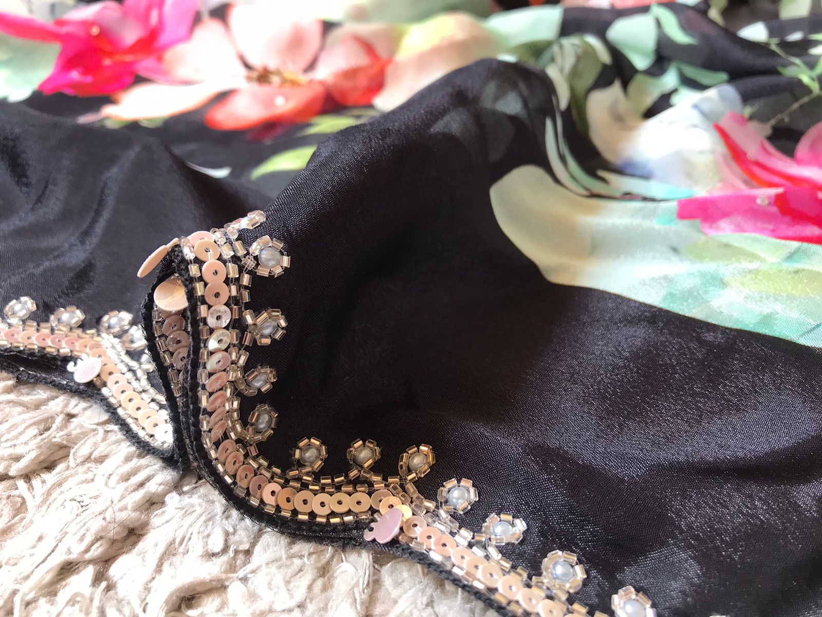 “Premium Chinnon Silk Saree with Oversized Floral Print & Pearl Cut-Dana Handwork”