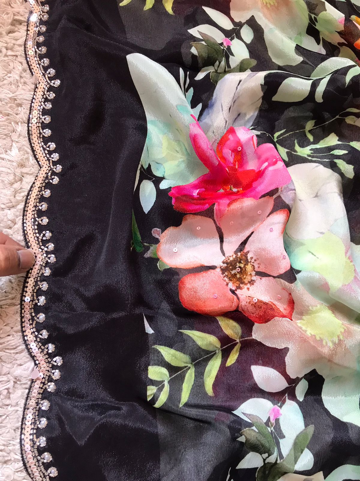 “Premium Chinnon Silk Saree with Oversized Floral Print & Pearl Cut-Dana Handwork”