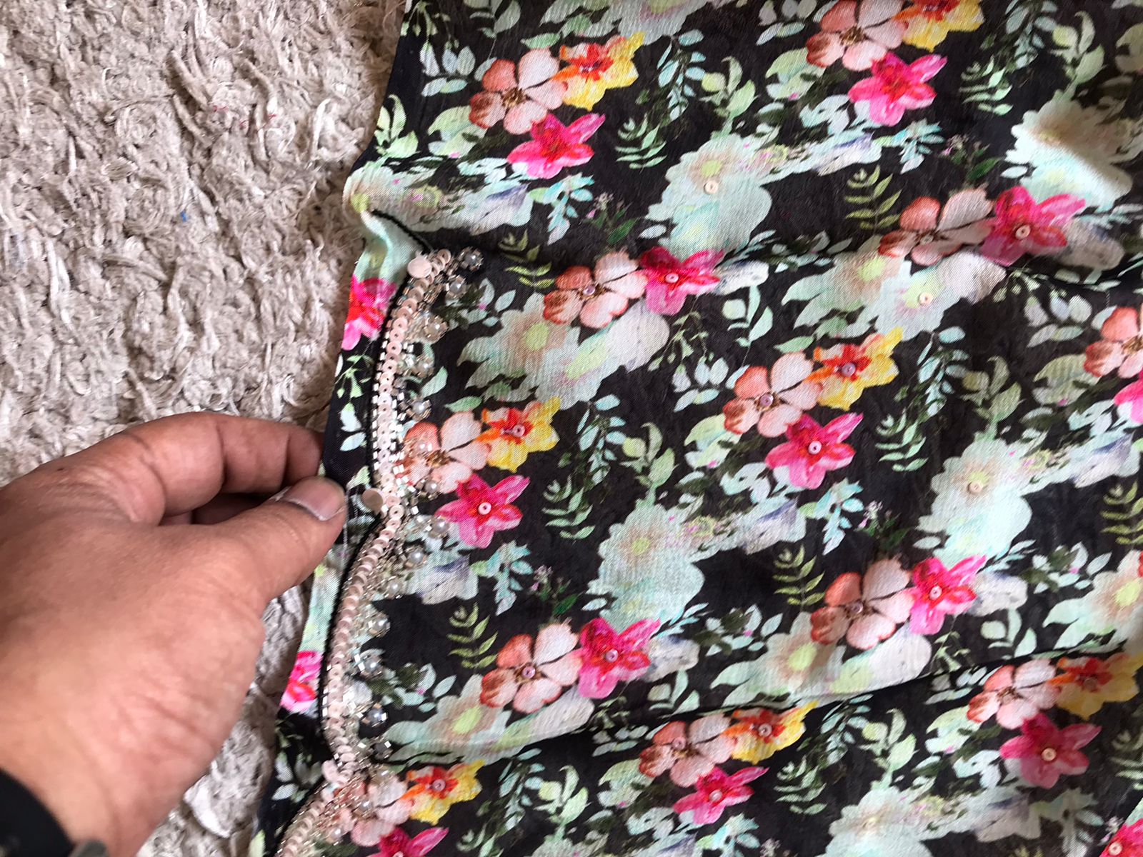 “Premium Chinnon Silk Saree with Oversized Floral Print & Pearl Cut-Dana Handwork”