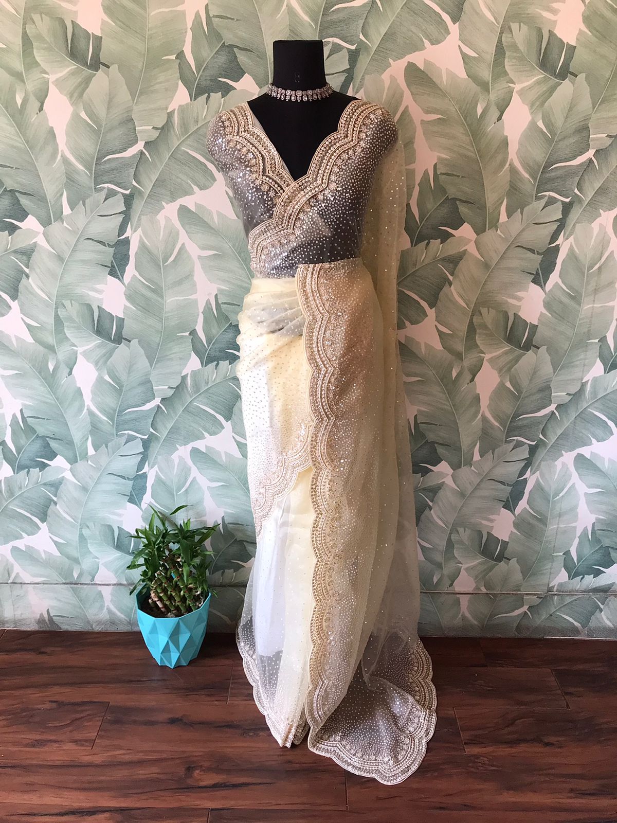 Premium Tissue Organza Silk Saree with Scalloped Pearl & Cut-Dana Handwork”