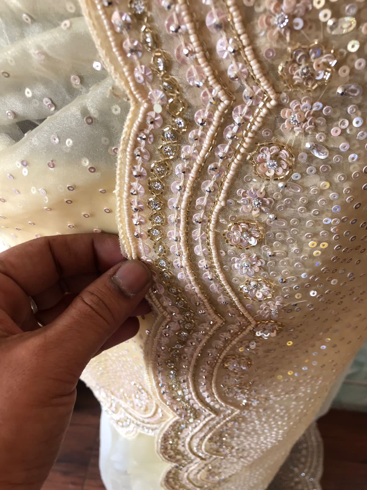 Premium Tissue Organza Silk Saree with Scalloped Pearl & Cut-Dana Handwork”