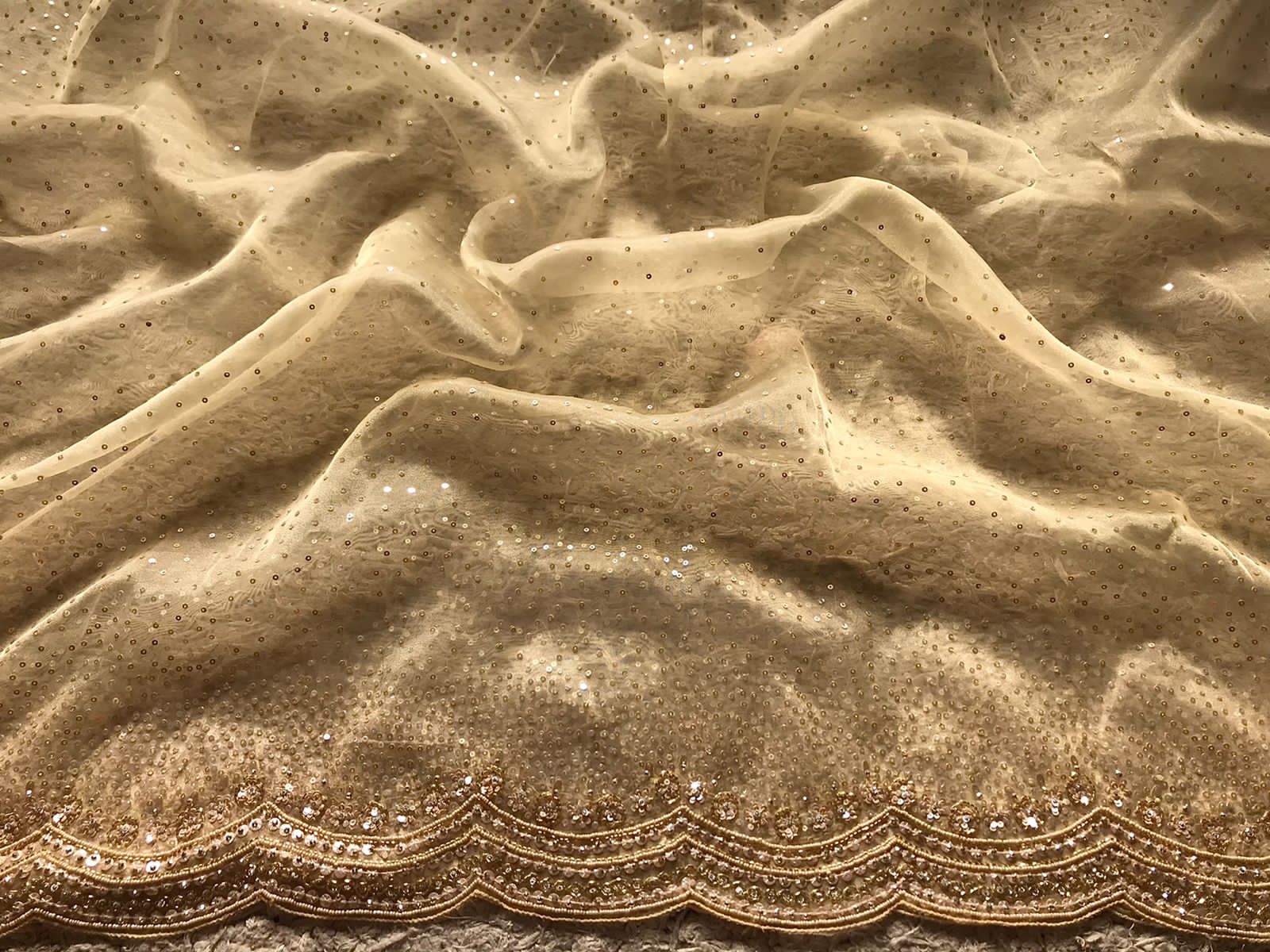 Premium Tissue Organza Silk Saree with Scalloped Pearl & Cut-Dana Handwork”