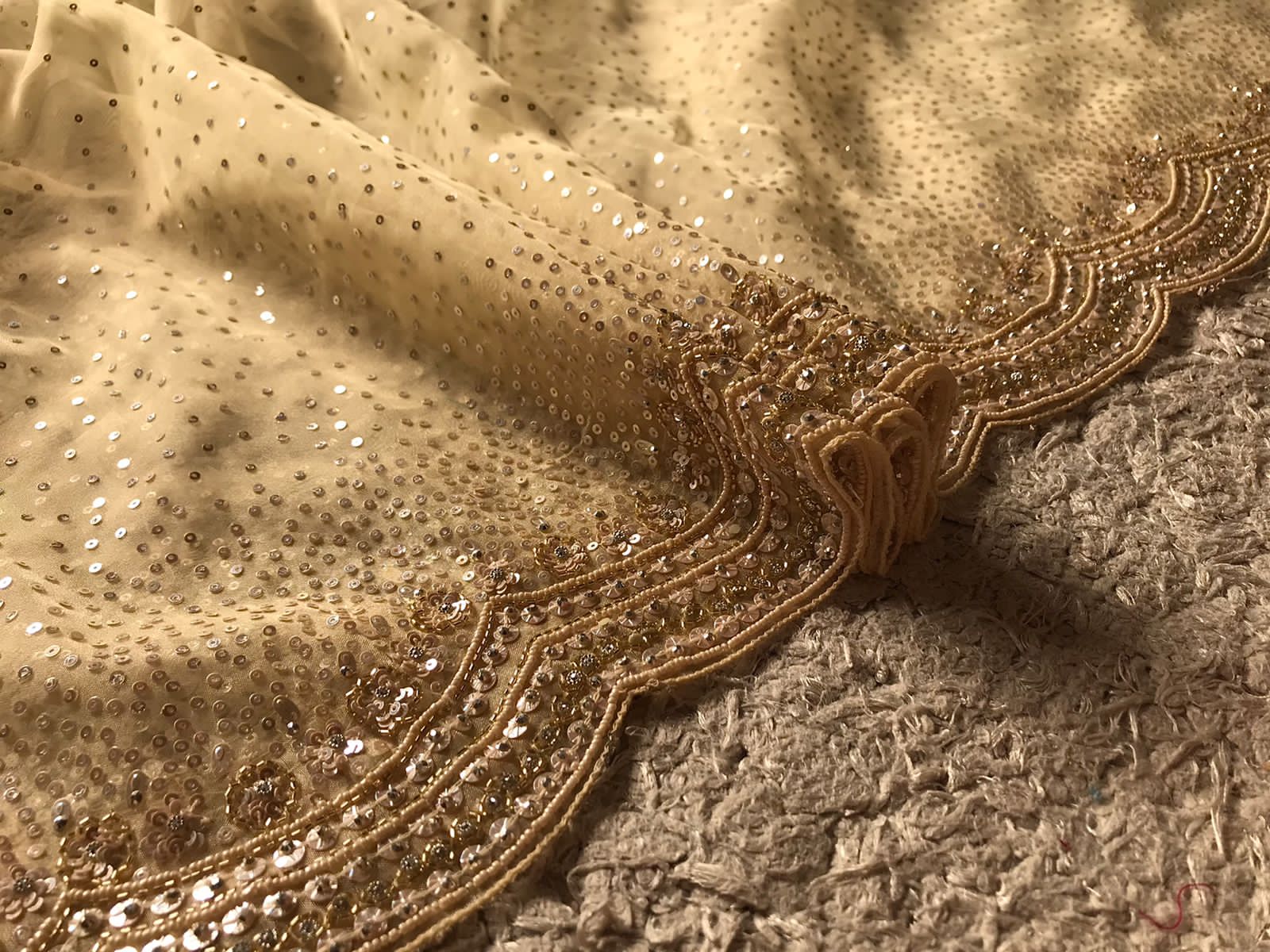 Premium Tissue Organza Silk Saree with Scalloped Pearl & Cut-Dana Handwork”