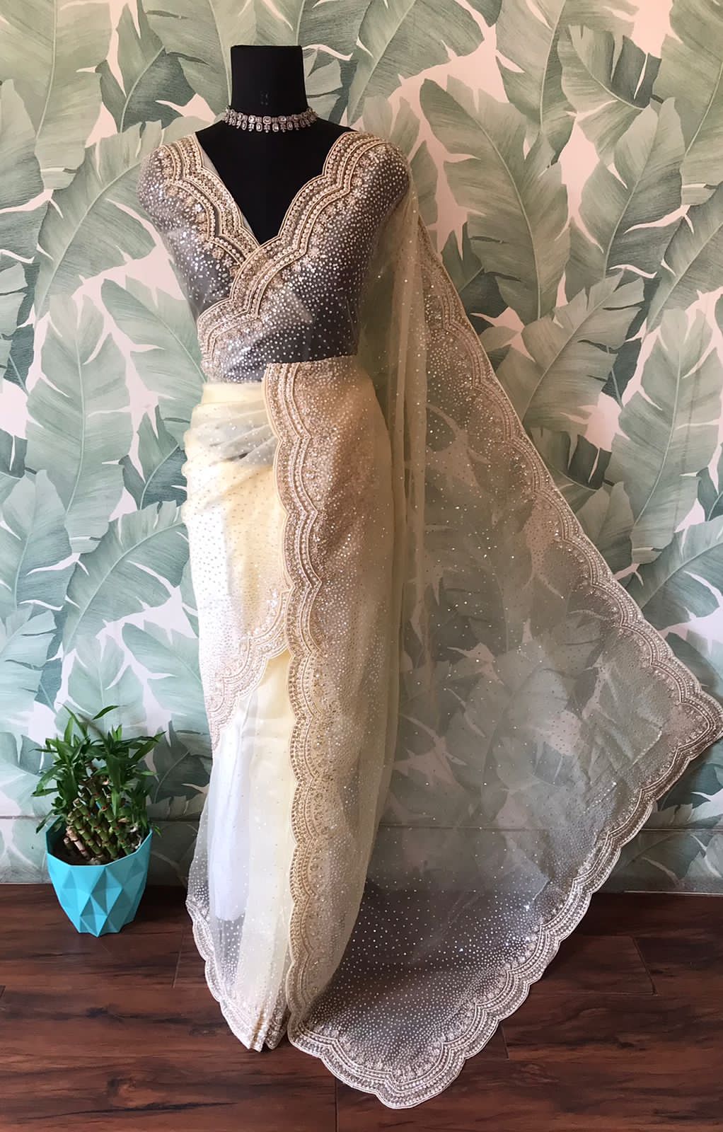 Premium Tissue Organza Silk Saree with Scalloped Pearl & Cut-Dana Handwork”