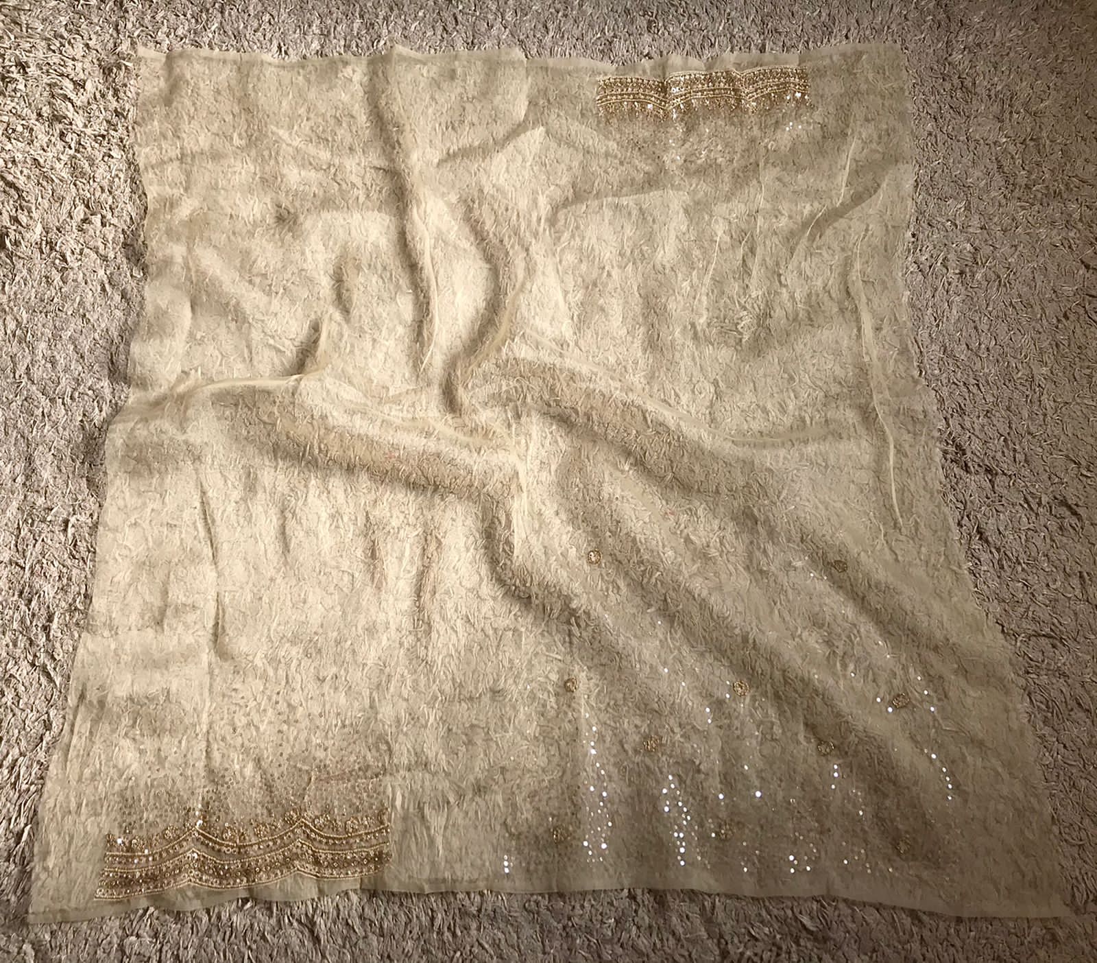 Premium Tissue Organza Silk Saree with Scalloped Pearl & Cut-Dana Handwork”