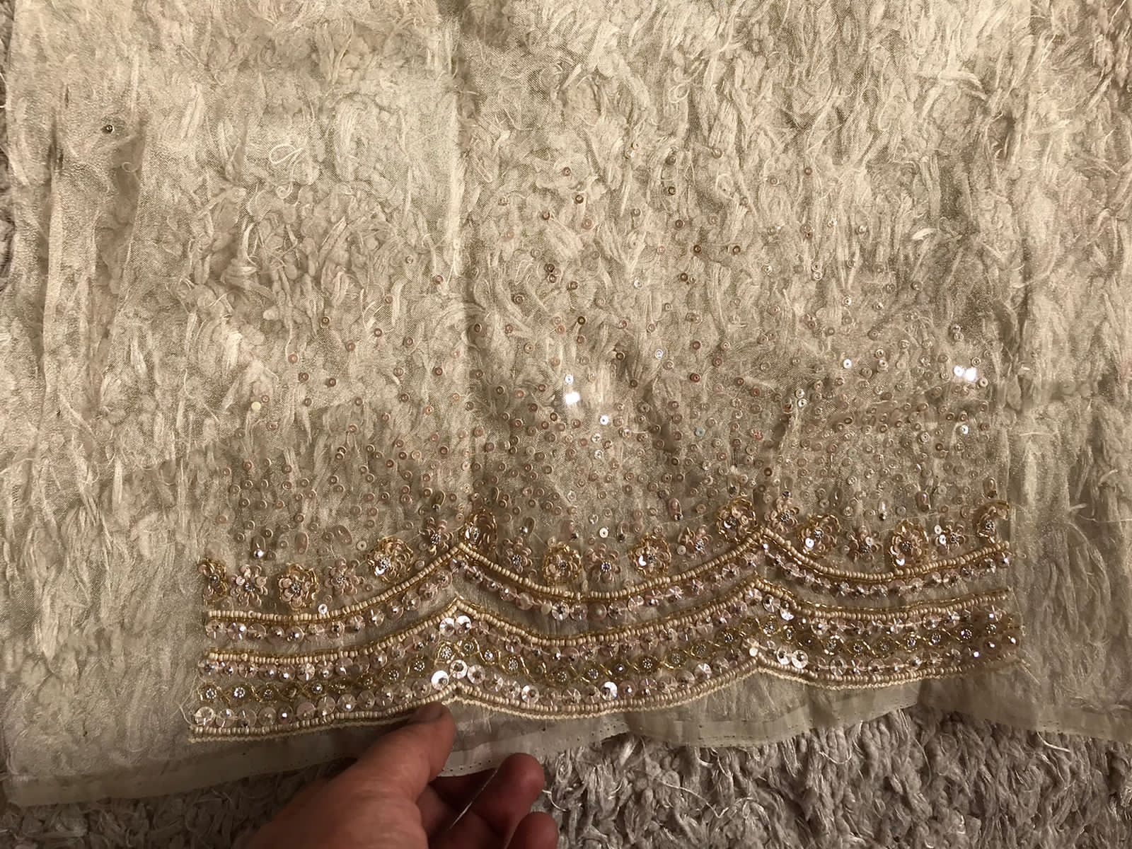 Premium Tissue Organza Silk Saree with Scalloped Pearl & Cut-Dana Handwork”