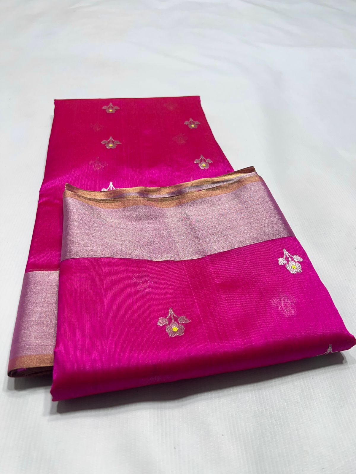 Pattu Silk Meenakari Kadwa Butta Chanderi Handloom Saree with Resham Border & Taraz Palla