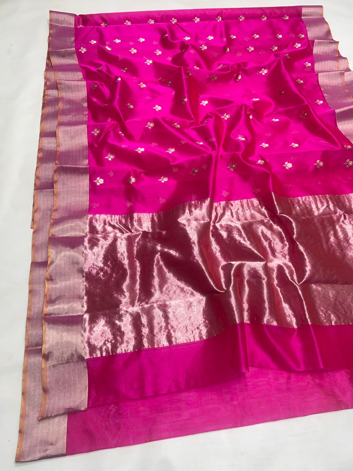 Pattu Silk Meenakari Kadwa Butta Chanderi Handloom Saree with Resham Border & Taraz Palla