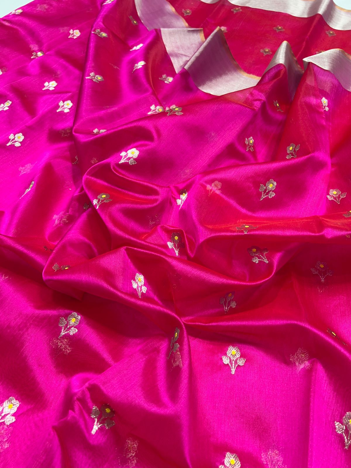 Pattu Silk Meenakari Kadwa Butta Chanderi Handloom Saree with Resham Border & Taraz Palla