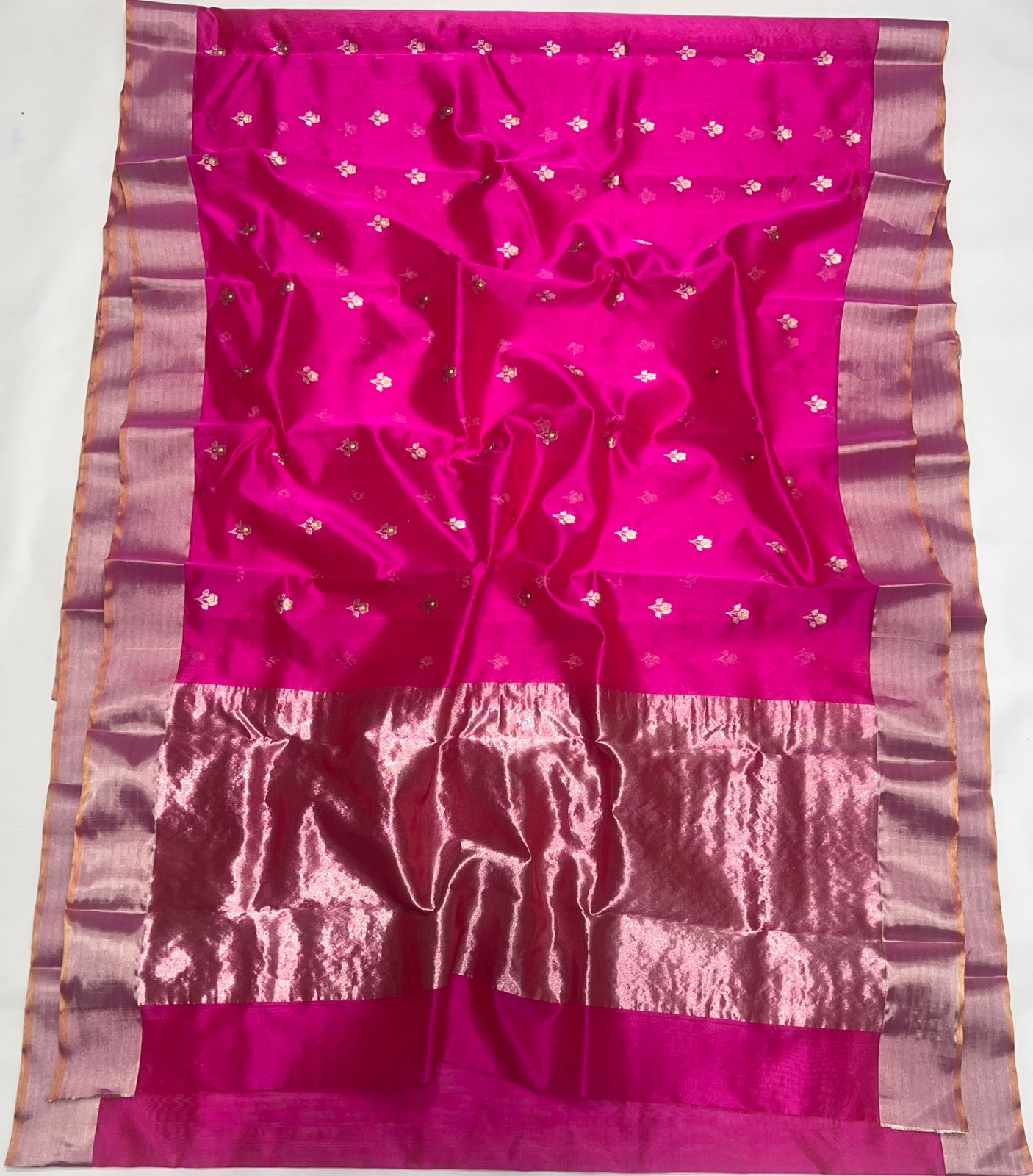 Pattu Silk Meenakari Kadwa Butta Chanderi Handloom Saree with Resham Border & Taraz Palla