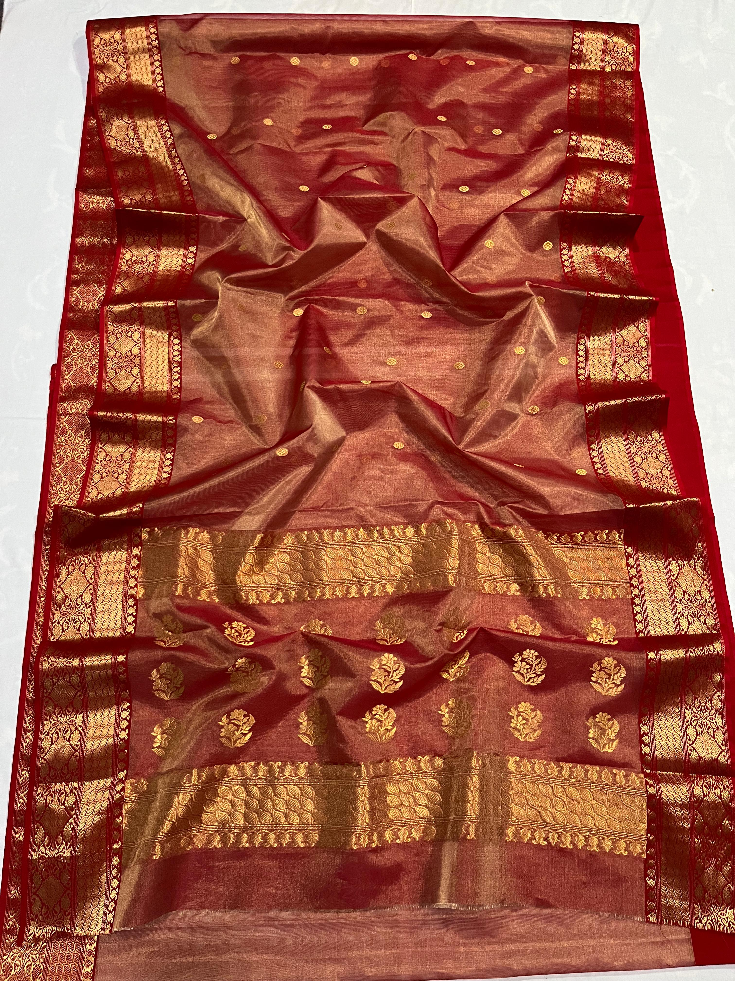 Chanderi Handloom Katan Silk Saree with All-Over Butte, Traditional Nakshi Border & Meenakari Jhad Palla