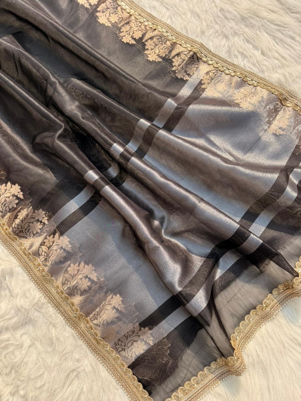 Beautiful Glass Tissue Silk Saree with Pearl Lace Work – Premium Quality Collection