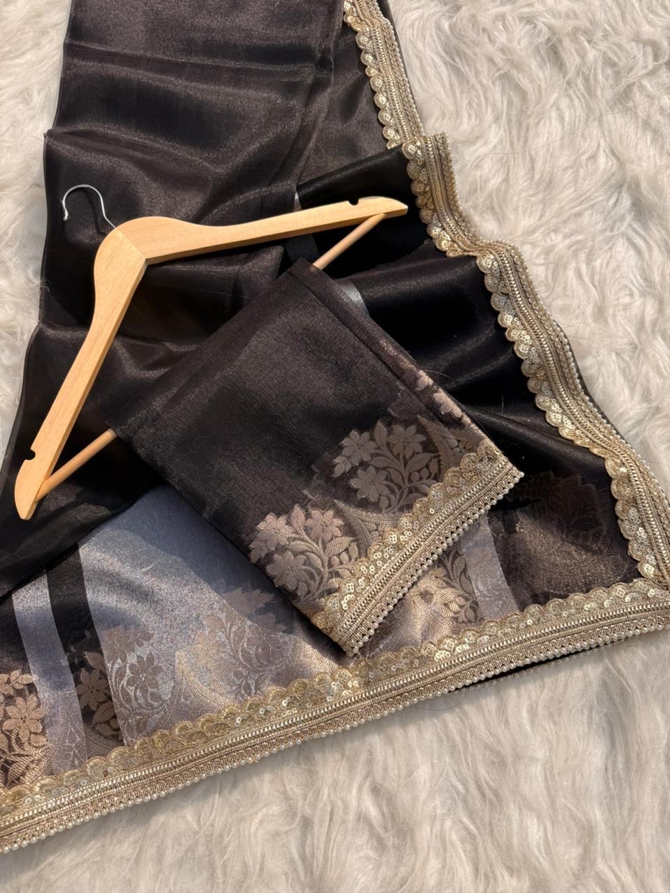 Beautiful Glass Tissue Silk Saree with Pearl Lace Work – Premium Quality Collection