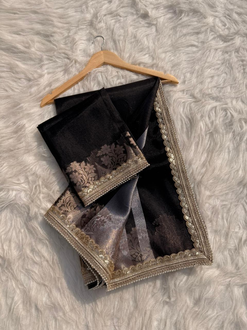 Beautiful Glass Tissue Silk Saree with Pearl Lace Work – Premium Quality Collection