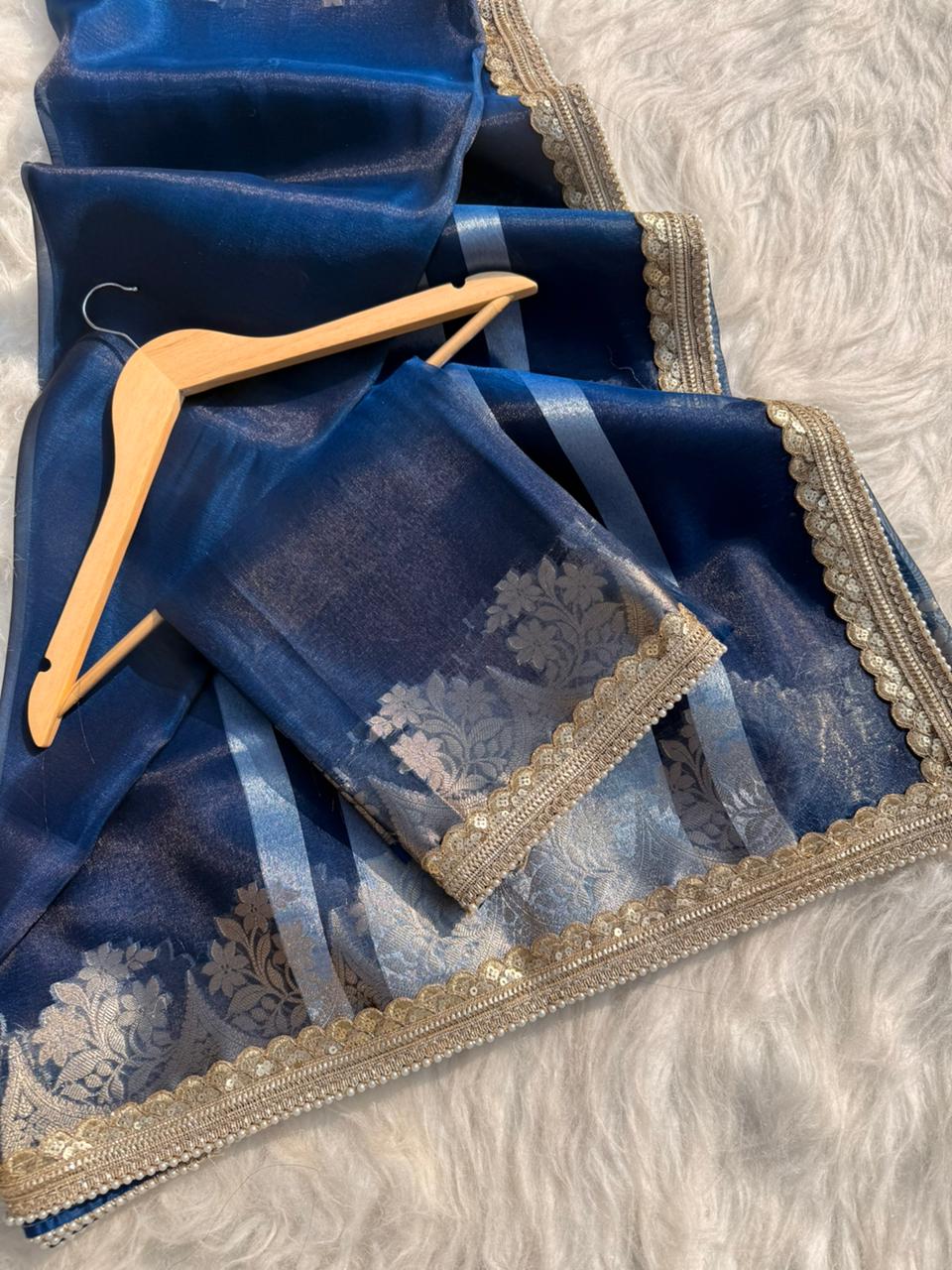 Beautiful Glass Tissue Silk Saree with Pearl Lace Work – Premium Quality Collection