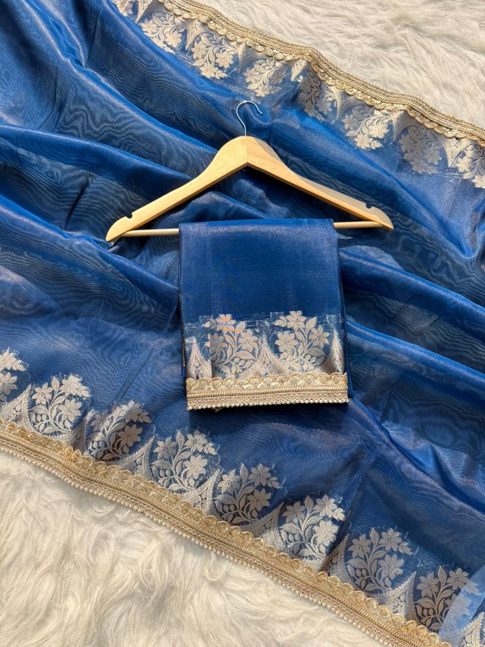 Beautiful Glass Tissue Silk Saree with Pearl Lace Work – Premium Quality Collection
