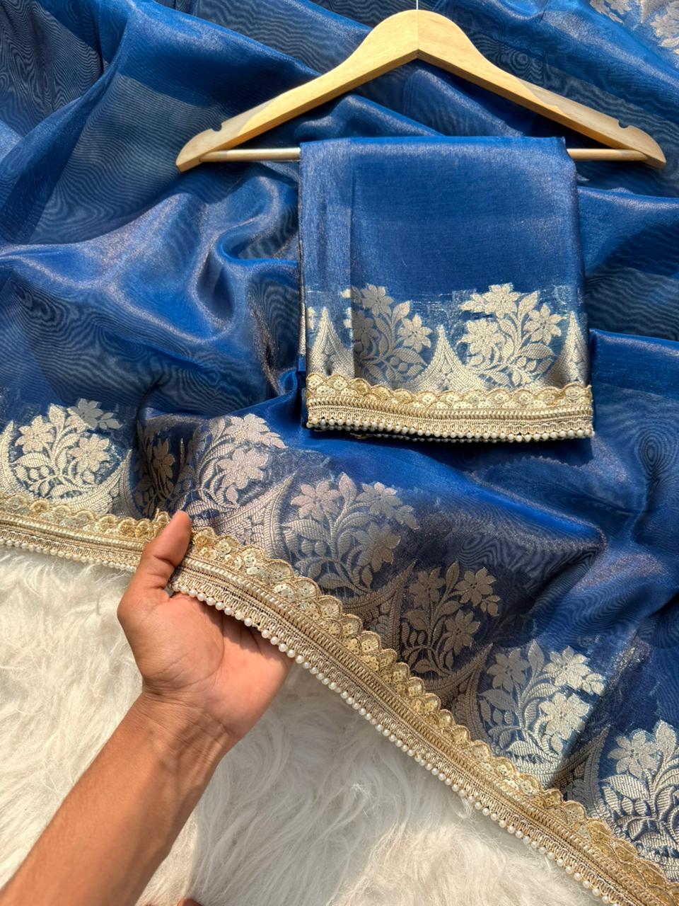 Beautiful Glass Tissue Silk Saree with Pearl Lace Work – Premium Quality Collection