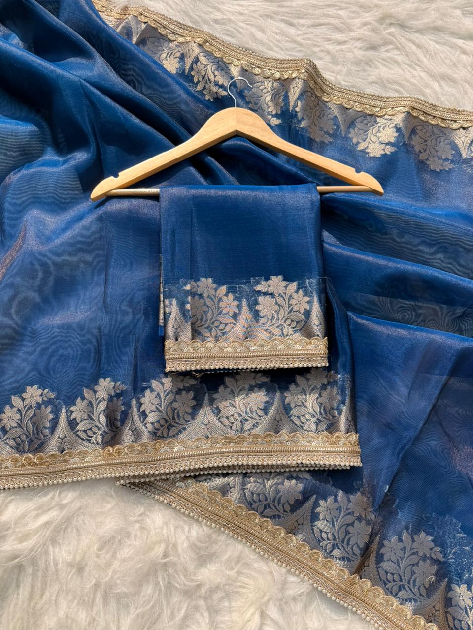 Beautiful Glass Tissue Silk Saree with Pearl Lace Work – Premium Quality Collection