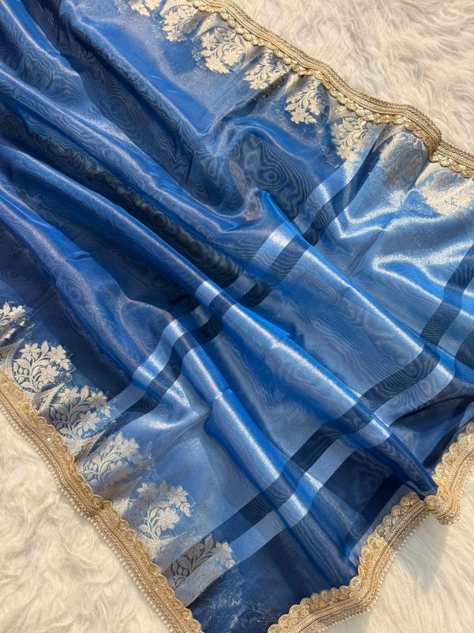 Beautiful Glass Tissue Silk Saree with Pearl Lace Work – Premium Quality Collection