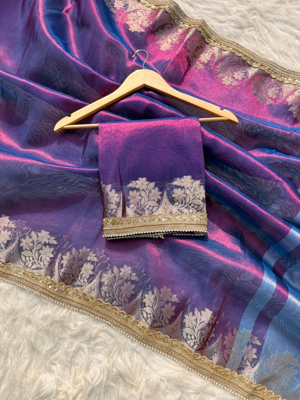 Beautiful Glass Tissue Silk Saree with Pearl Lace Work – Premium Quality Collection