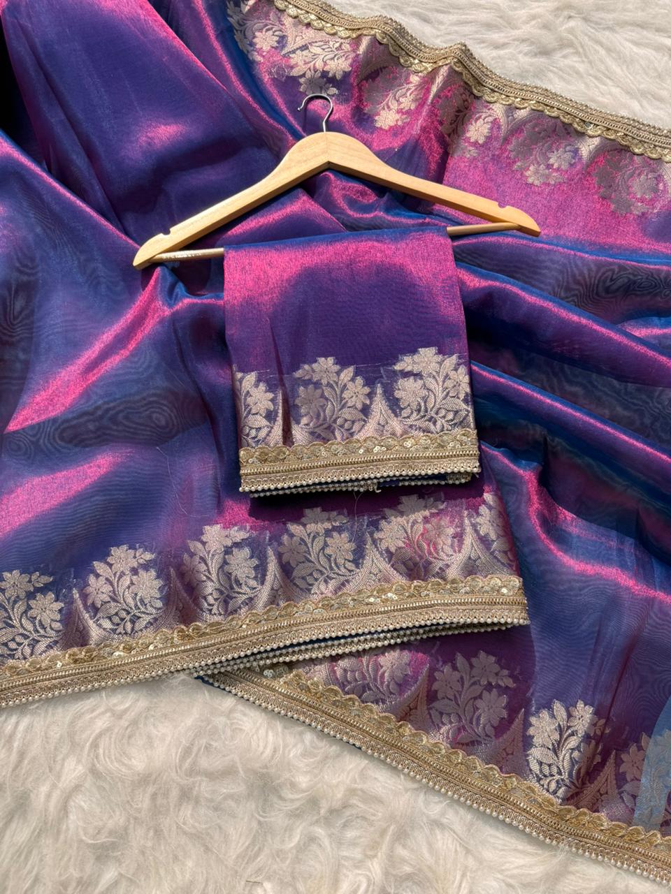 Beautiful Glass Tissue Silk Saree with Pearl Lace Work – Premium Quality Collection