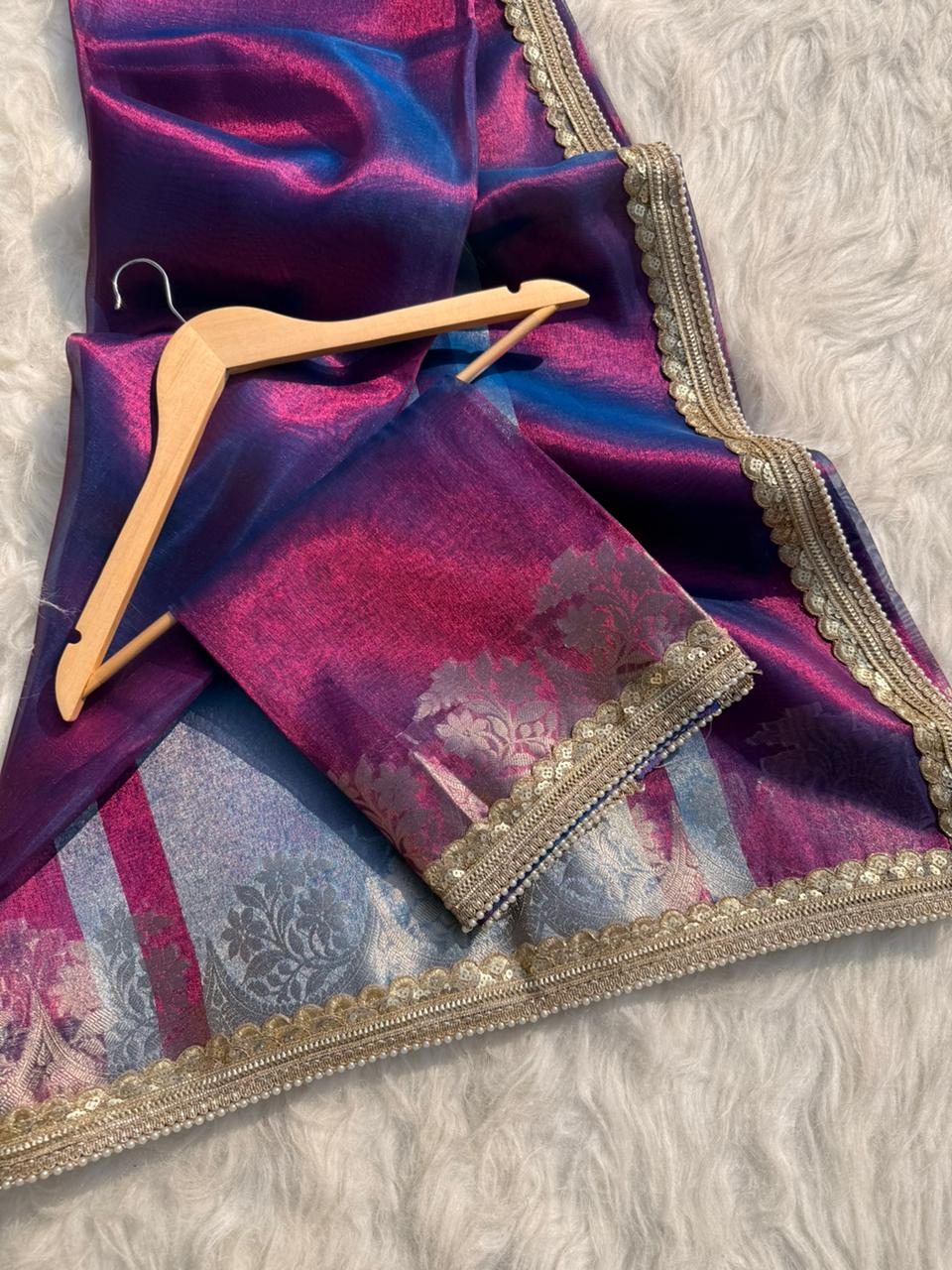 Beautiful Glass Tissue Silk Saree with Pearl Lace Work – Premium Quality Collection