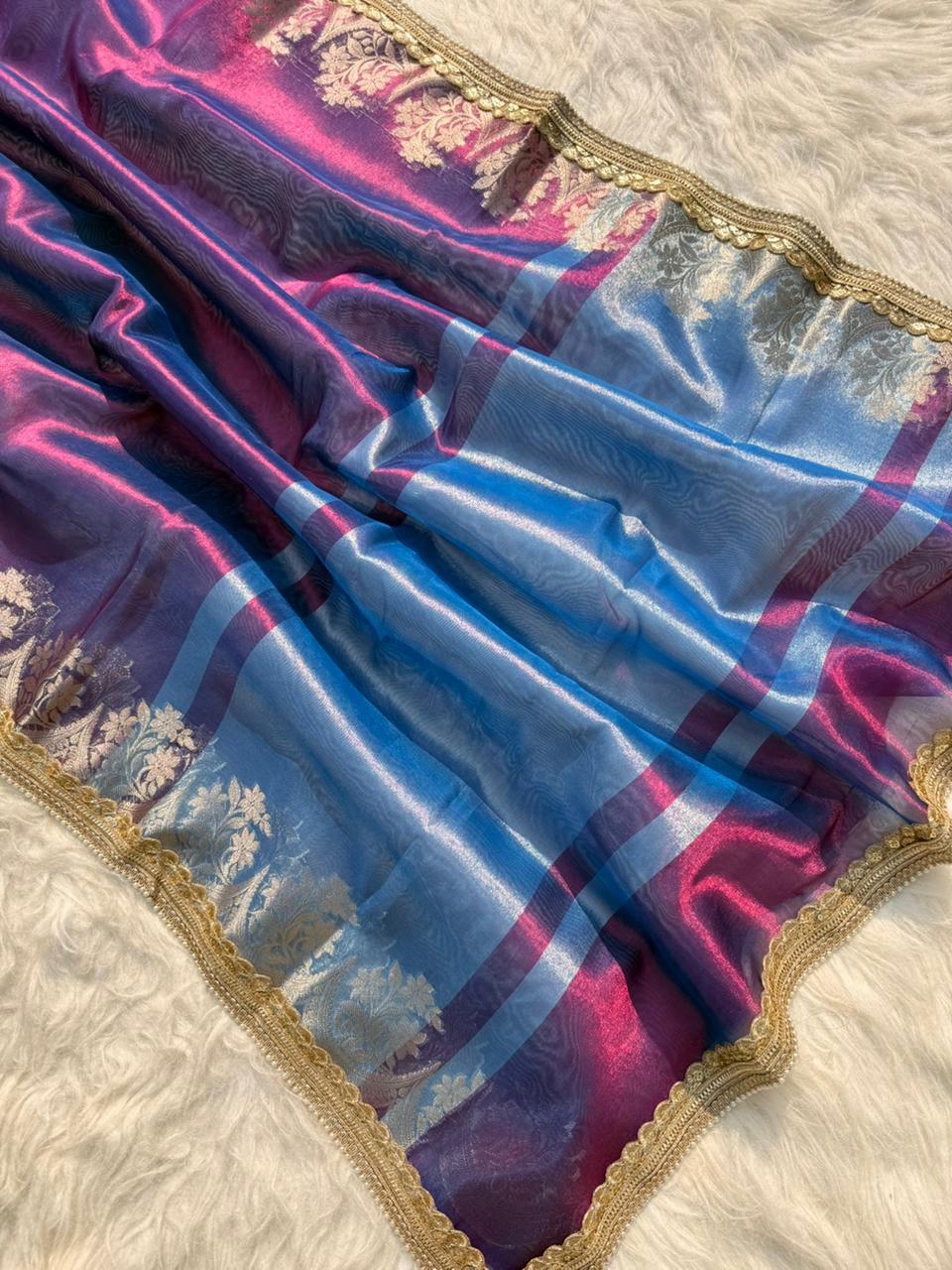 Beautiful Glass Tissue Silk Saree with Pearl Lace Work – Premium Quality Collection