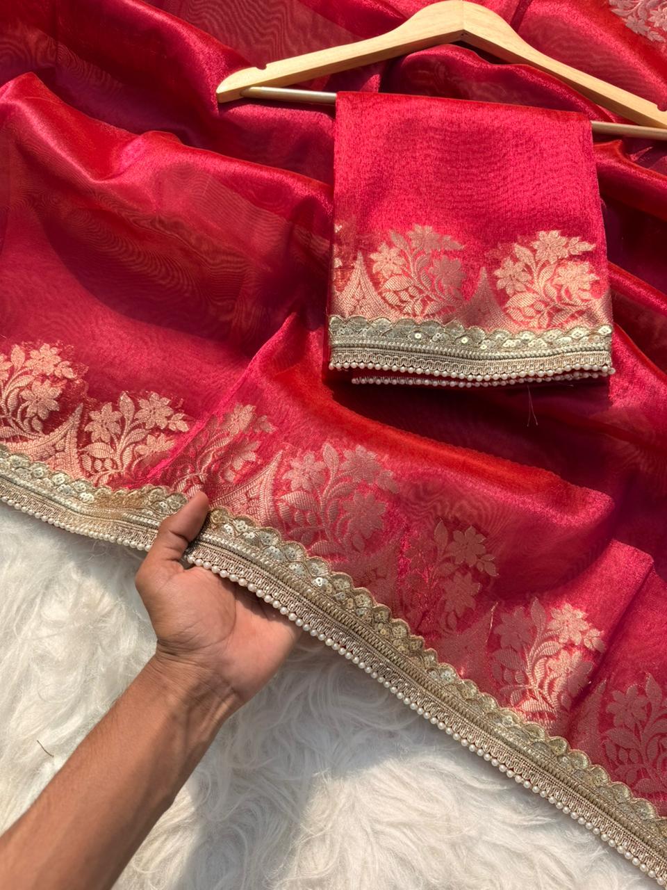 Beautiful Glass Tissue Silk Saree with Pearl Lace Work – Premium Quality Collection