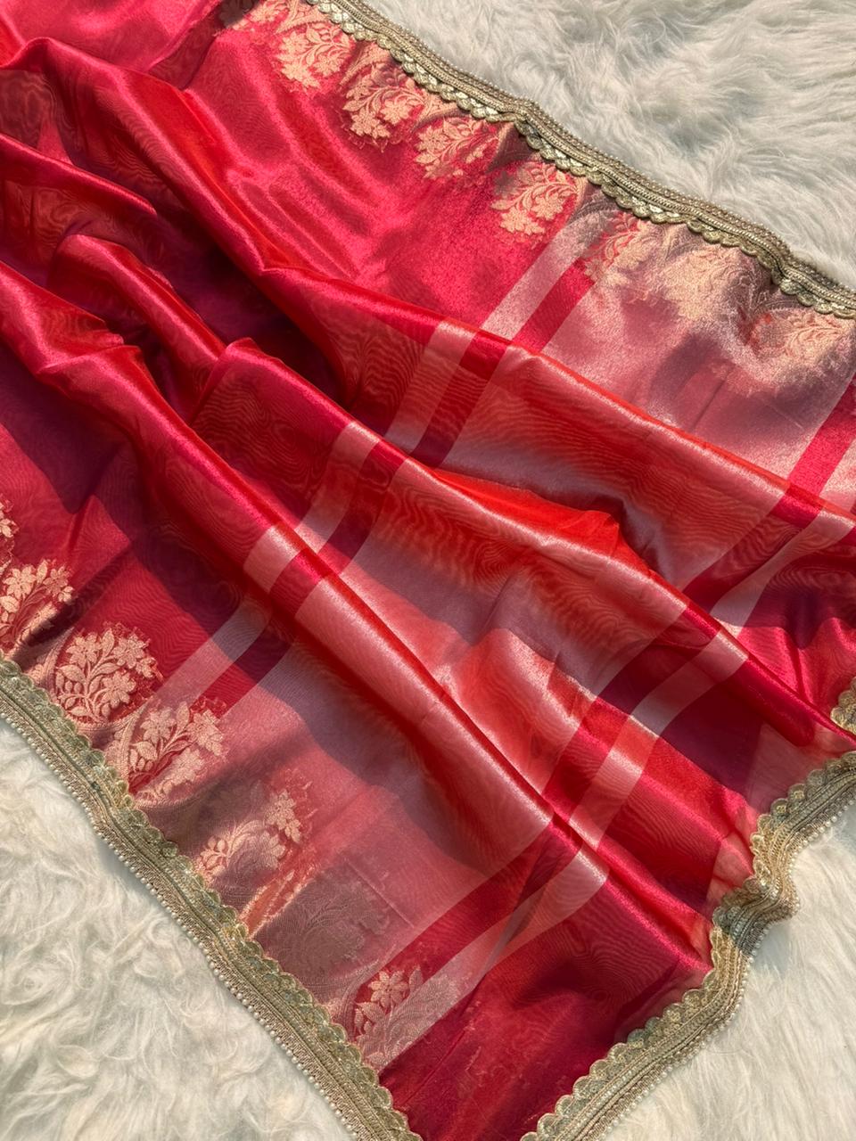 Beautiful Glass Tissue Silk Saree with Pearl Lace Work – Premium Quality Collection