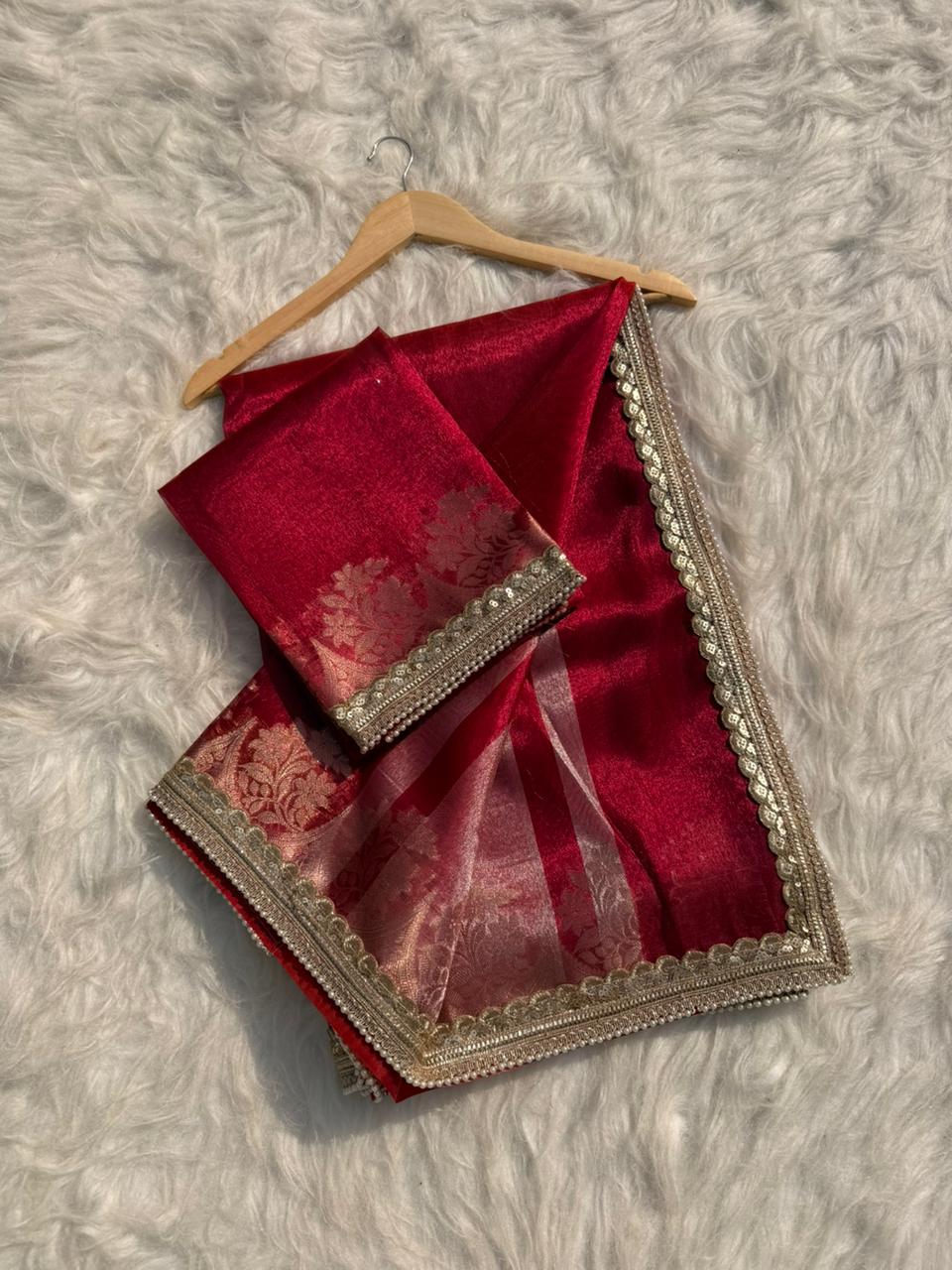 Beautiful Glass Tissue Silk Saree with Pearl Lace Work – Premium Quality Collection