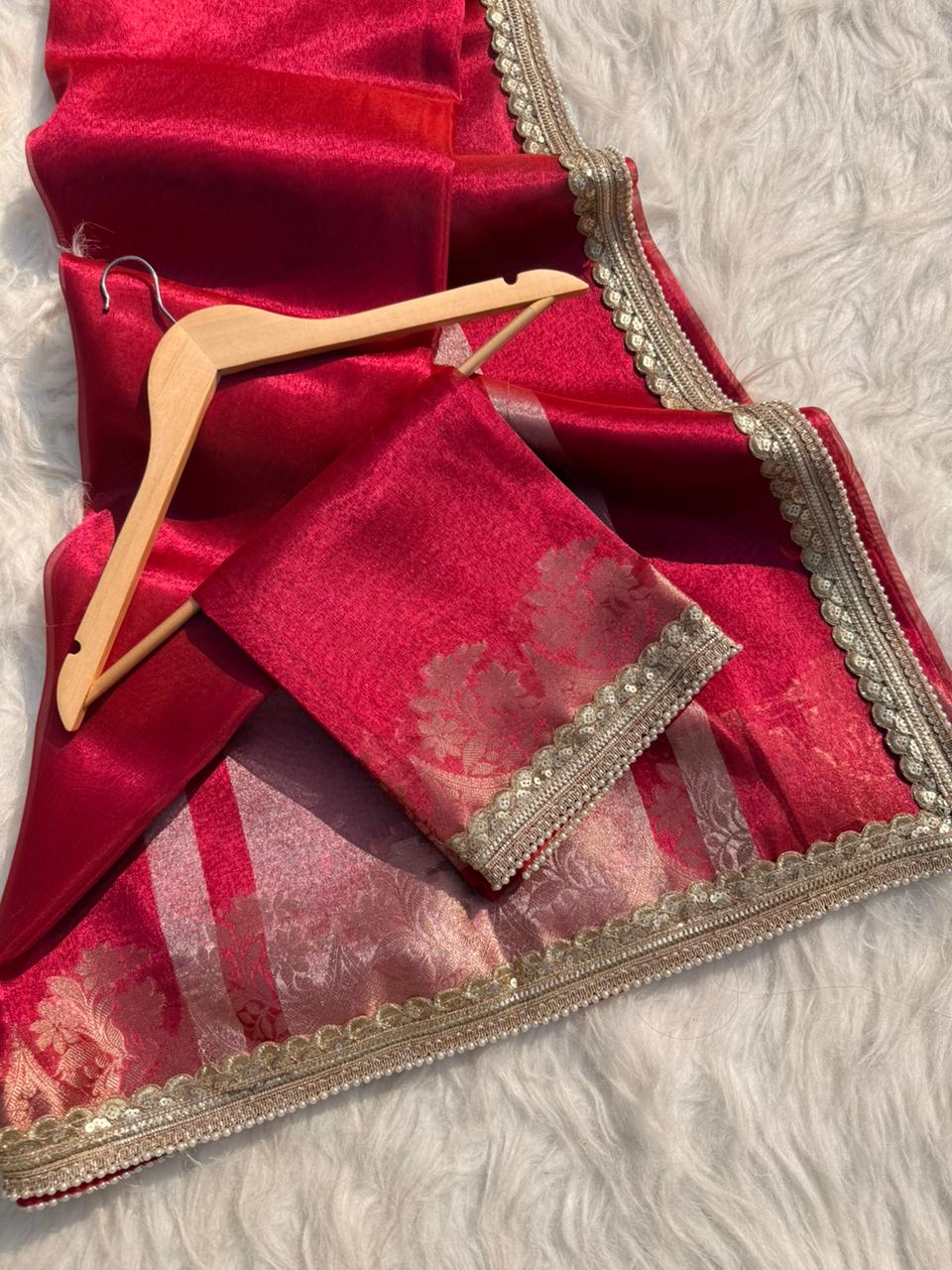 Beautiful Glass Tissue Silk Saree with Pearl Lace Work – Premium Quality Collection