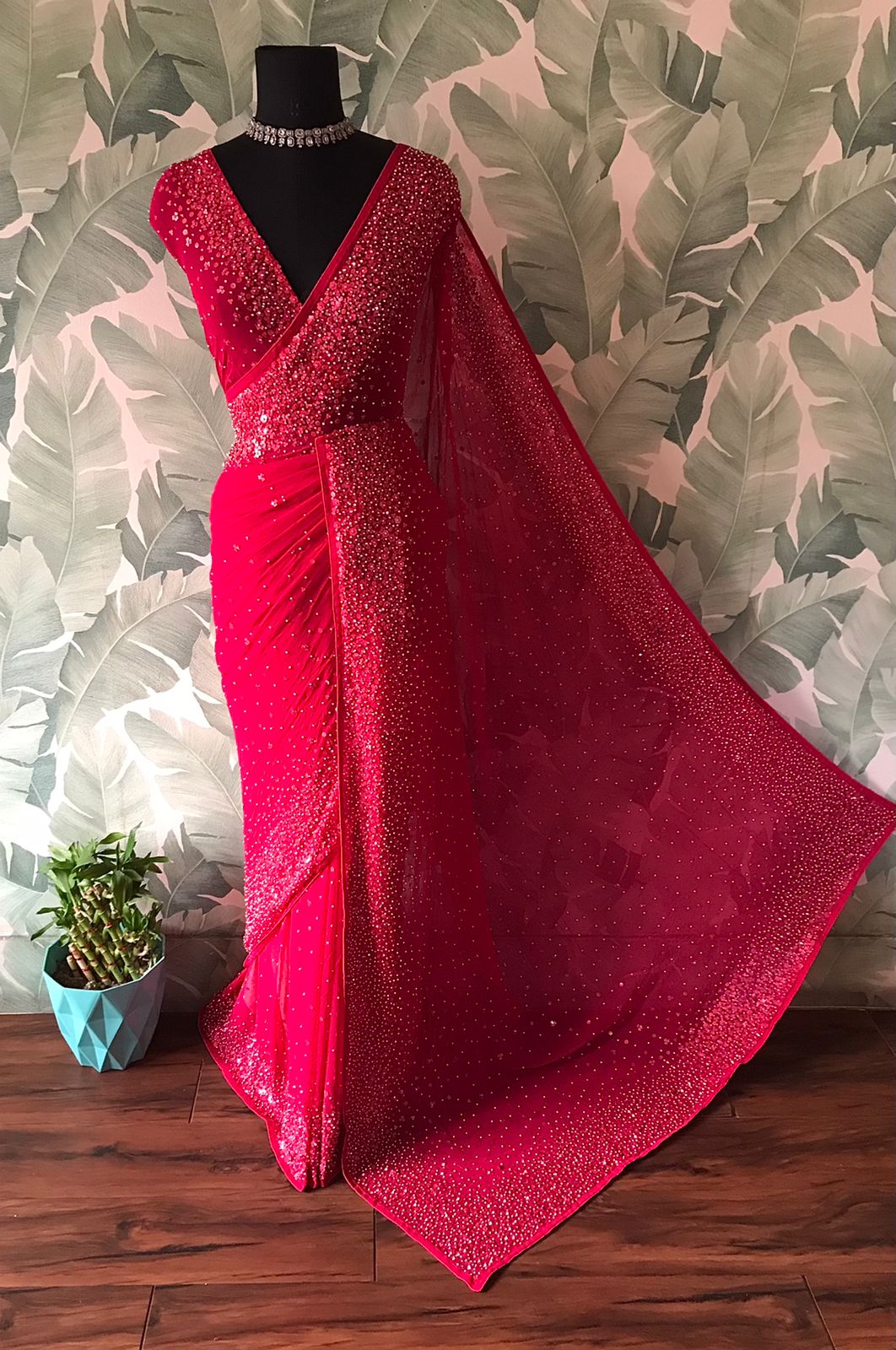 “Luxury Georgette Silk Saree with Handcrafted Pearl Sequins Detailing”