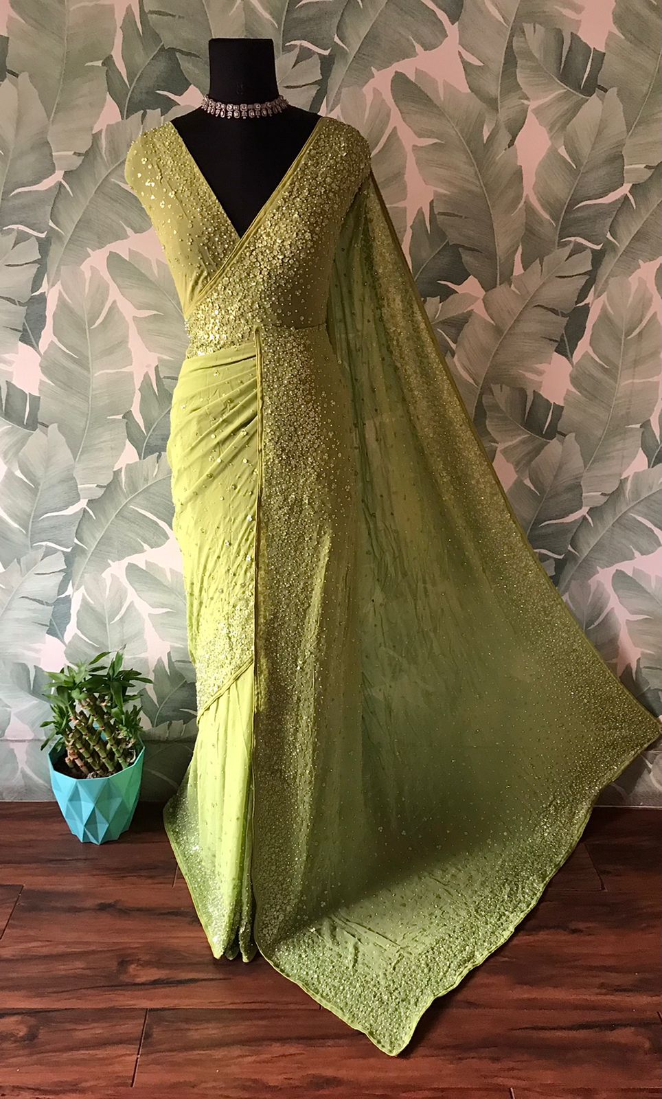 “Luxury Georgette Silk Saree with Handcrafted Pearl Sequins Detailing”