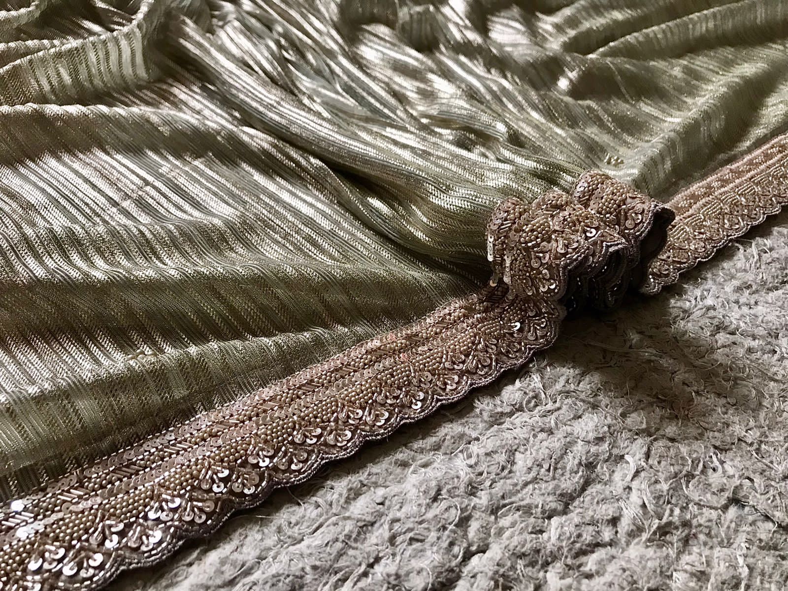 Manish Malhotra-Inspired Metallic Shimmer Lycra Silk Saree with Pearl Cut-Dana Work