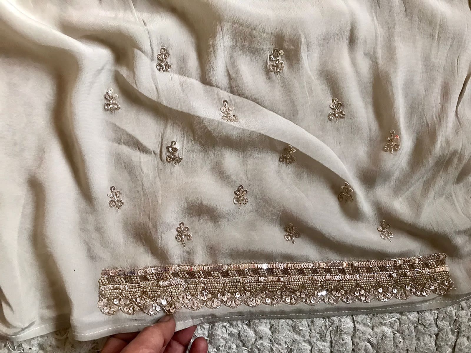 Manish Malhotra-Inspired Metallic Shimmer Lycra Silk Saree with Pearl Cut-Dana Work