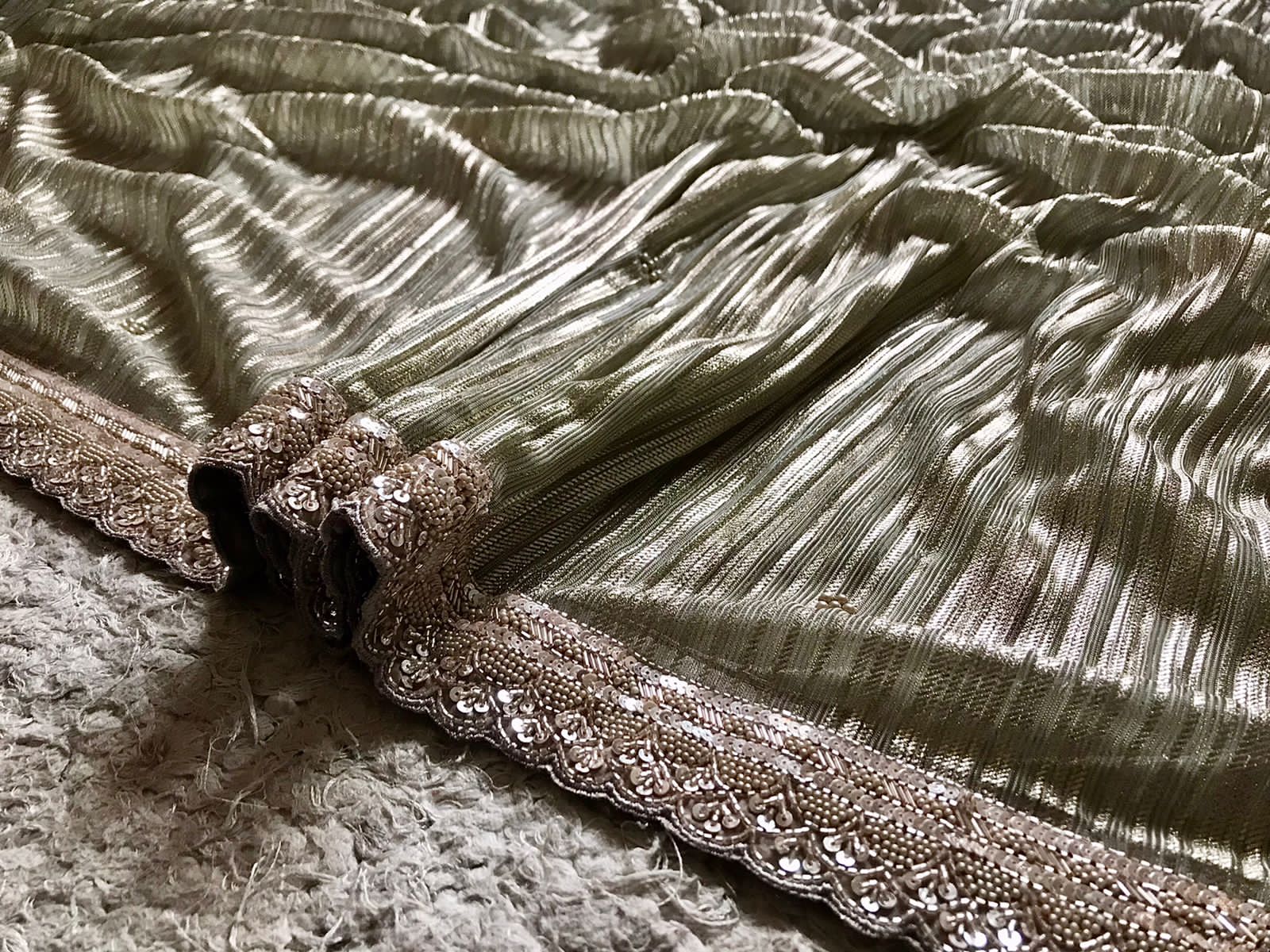 Manish Malhotra-Inspired Metallic Shimmer Lycra Silk Saree with Pearl Cut-Dana Work