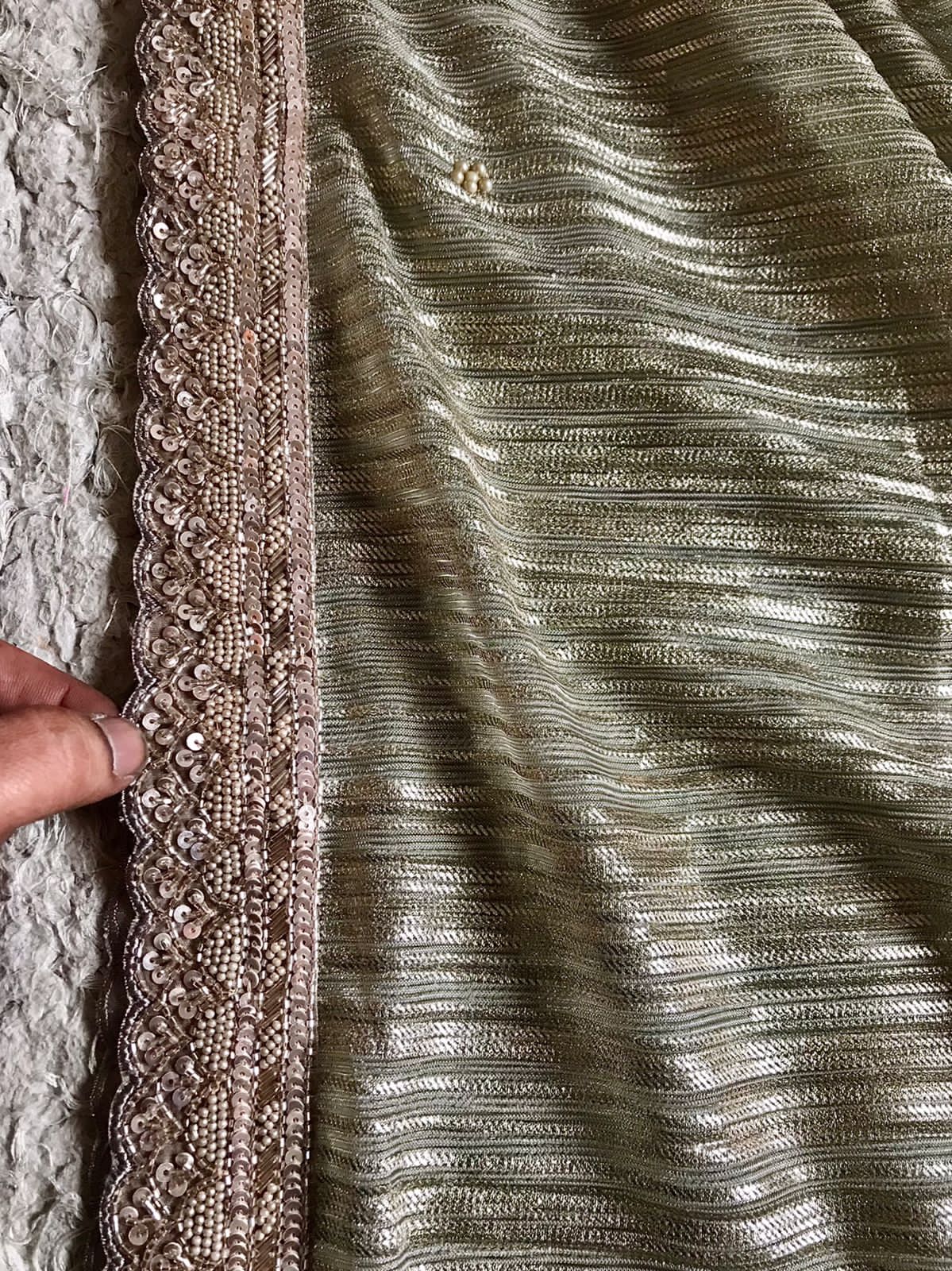 Manish Malhotra-Inspired Metallic Shimmer Lycra Silk Saree with Pearl Cut-Dana Work