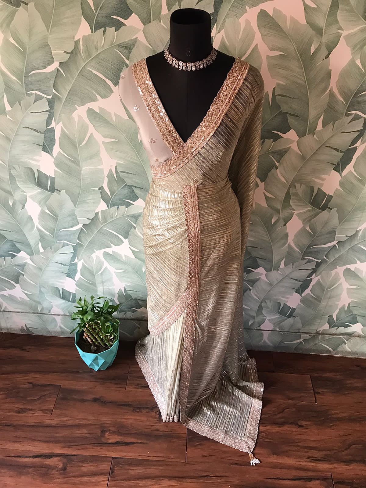 Manish Malhotra-Inspired Metallic Shimmer Lycra Silk Saree with Pearl Cut-Dana Work