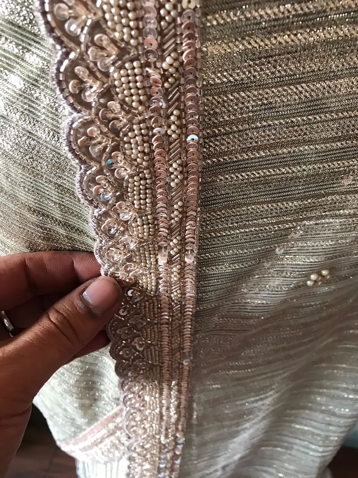 Manish Malhotra-Inspired Metallic Shimmer Lycra Silk Saree with Pearl Cut-Dana Work