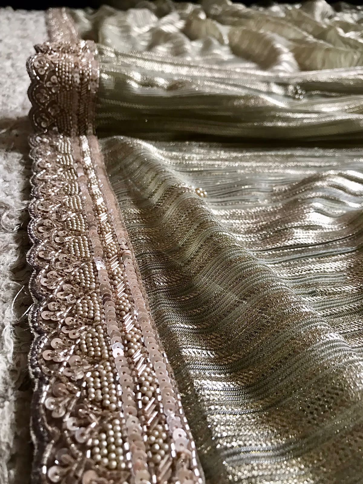Manish Malhotra-Inspired Metallic Shimmer Lycra Silk Saree with Pearl Cut-Dana Work