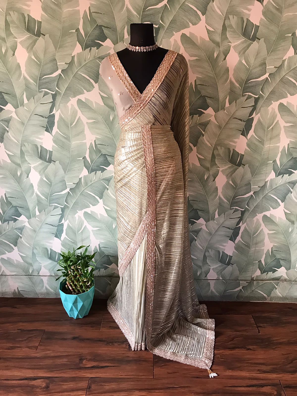 “Manish Malhotra-Inspired Metallic Shimmer Lycra Silk Saree with Pearl Cut-Dana Work”