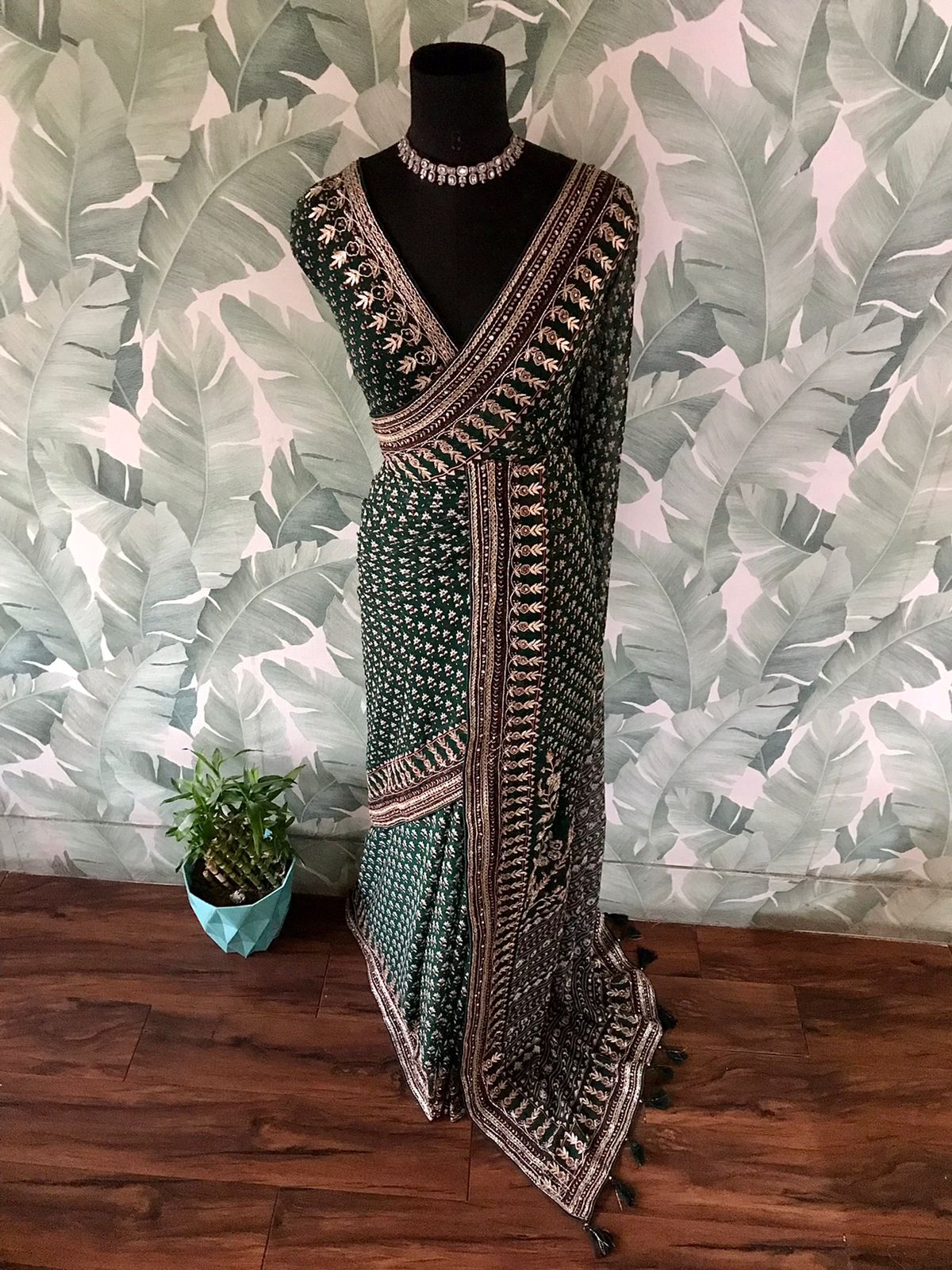 Kareena-Inspired Bottle Green Saree with Luxurious Hand Embellishments