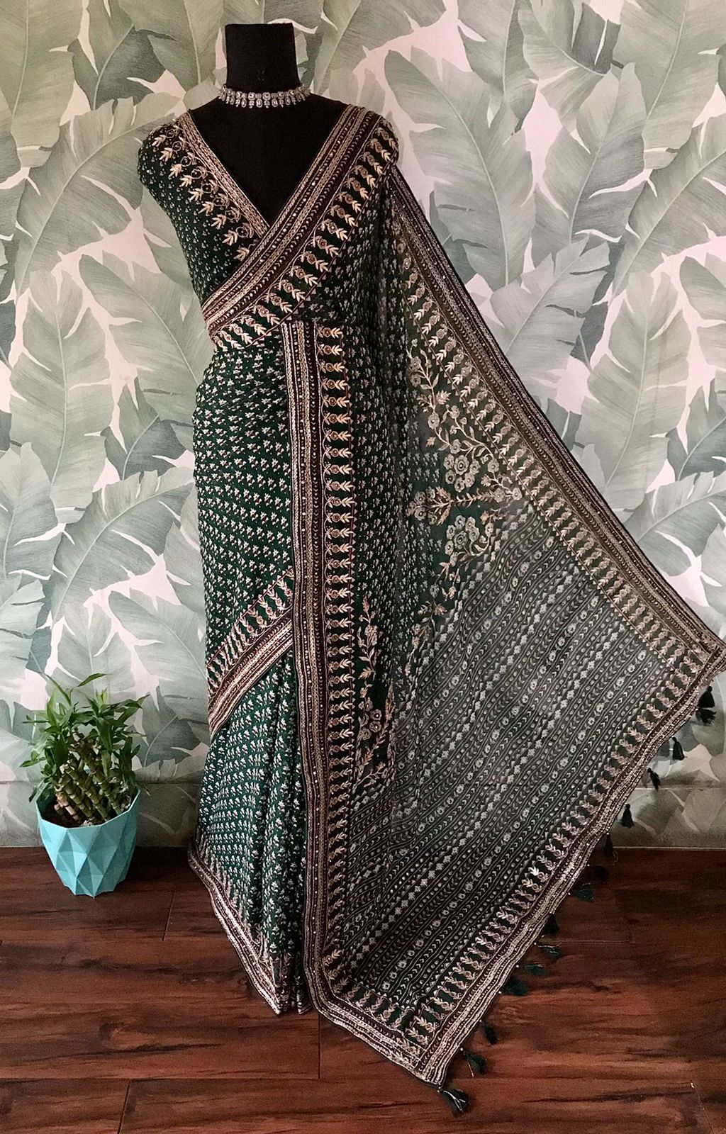 Kareena-Inspired Bottle Green Saree with Luxurious Hand Embellishments
