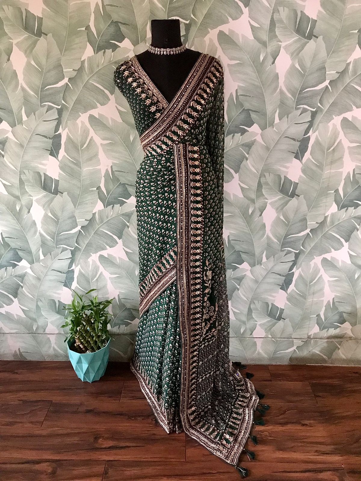 “Kareena-Inspired Bottle Green Saree with Luxurious Hand Embellishments”
