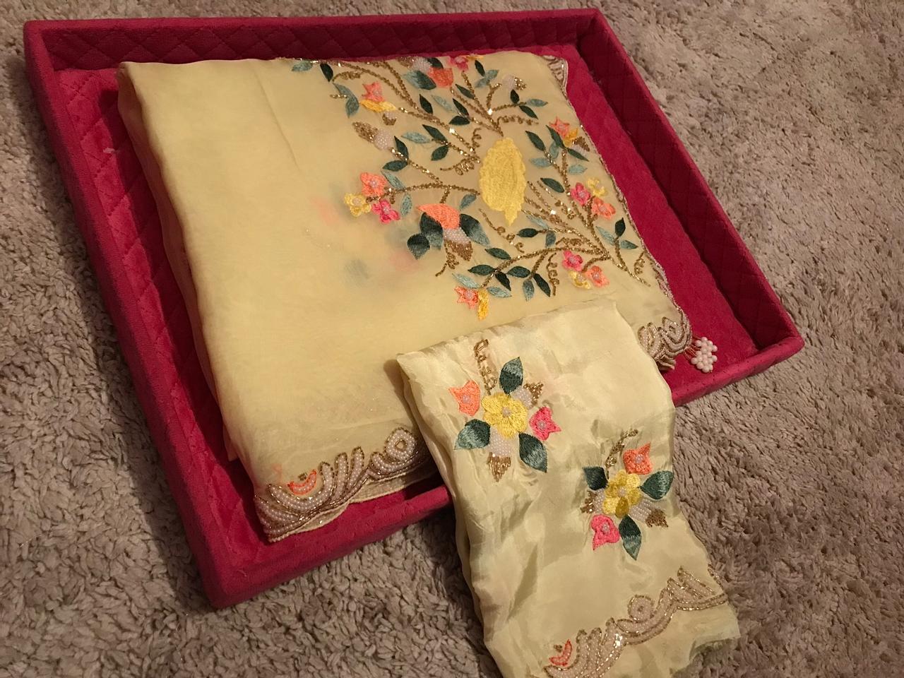 “Elegant Pastel Organza Silk Saree with Resham, Russian Silk & Pearl Detailing”